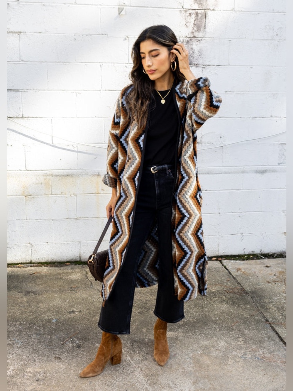 Astrid Patterned Zigzag Knit Duster Coatigan in Brown & Blue - Picture 1 of 7